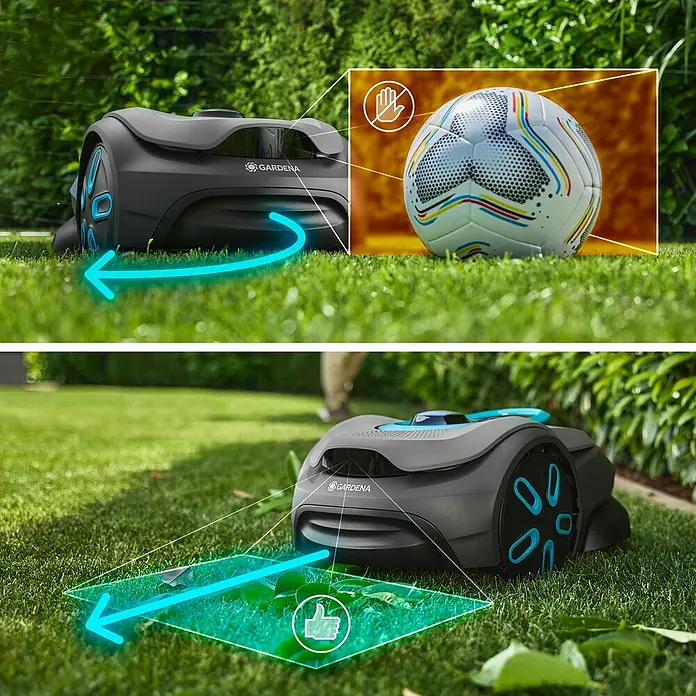 Gardena Mähroboter Smart Sileno Sense - 600 m², Schnittbreite: 16 cm, Kamera-gestützte Navigation, GPS - Produktabbildung eines Gardena Mähroboters, der Rasenflächen intelligent und effizient pflegt.