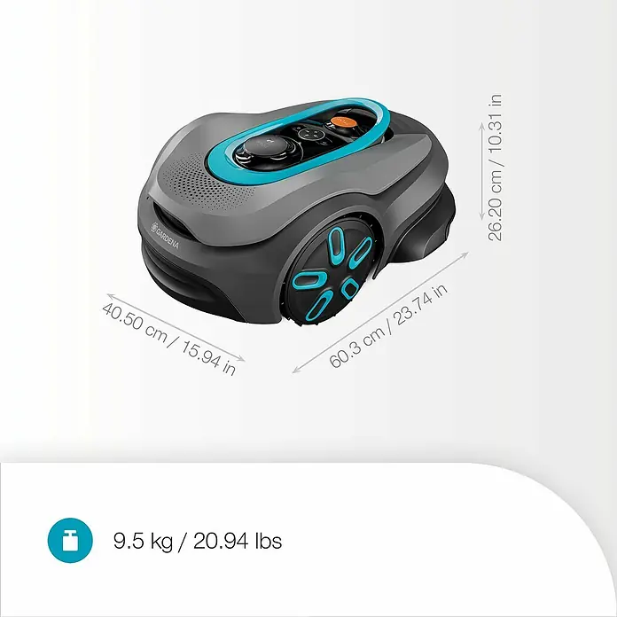 Gardena Mähroboter Smart Sileno Sense - 600 m², Schnittbreite: 16 cm, Kamera-gestützte Navigation, GPS - Das Bild zeigt einen Gardena Mähroboter mit seinen Abmessungen und seinem Gewicht.