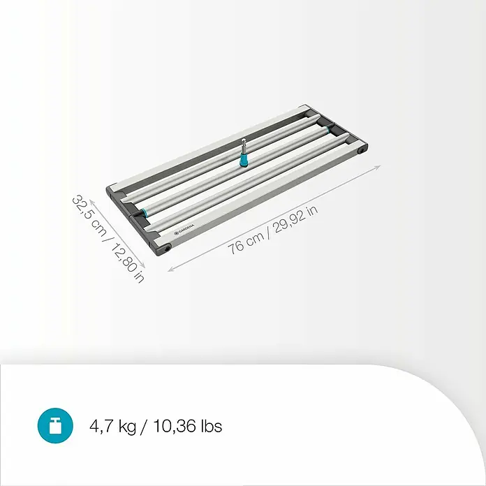 Gardena Combisystem Rasenrakel - 76 cm, Stahl - Abbildung des Gardena Rollers zum einfachen Bewegen von Gartengeräten, mit Maßangaben und Gewicht.