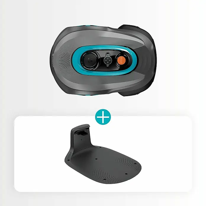 Gardena Mähroboter Smart Sileno Sense - 600 m², Schnittbreite: 16 cm, Kamera-gestützte Navigation, GPS - Dunkelgrauer Rasenroboter mit türkisen Akzenten und schwarzer Ladestation.