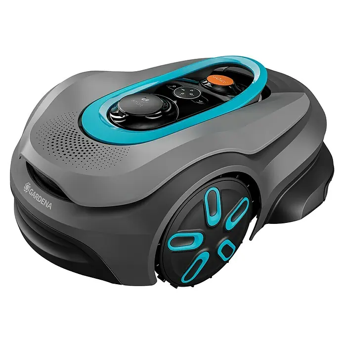 Gardena Mähroboter Smart Sileno Sense - 600 m², Schnittbreite: 16 cm, Kamera-gestützte Navigation, GPS - Grauer Gardena Smart Sileno Mähroboter mit türkisfarbenen Akzenten. Das moderne Design und die intuitive Bedienung machen ihn zum idealen Gartenhelfer.