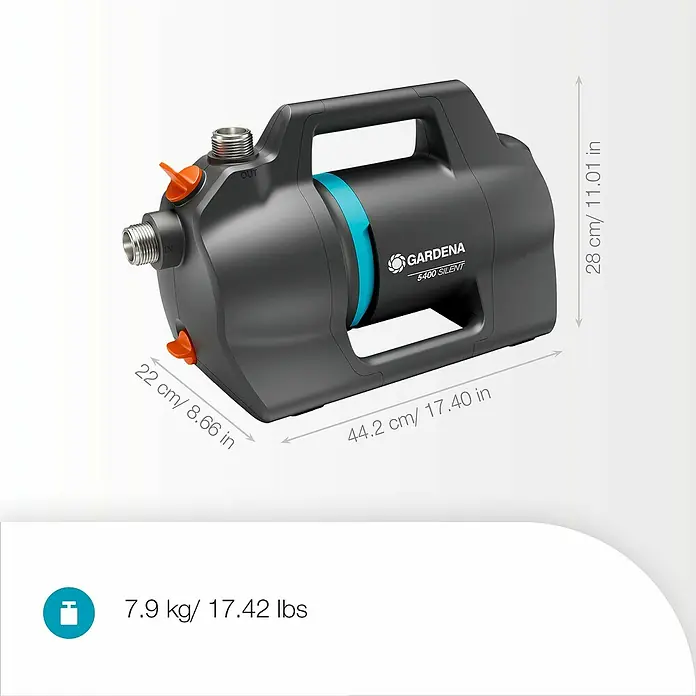 Gardena Gartenpumpe 5400 Silent - 650 W, Max. Fördermenge: 5.400 l/h - Abbildung der Gardena 5400 Silent Hauswasserpumpe mit Größenangaben und Gewicht, ideal zur Gartenbewässerung und Hauswasserversorgung.