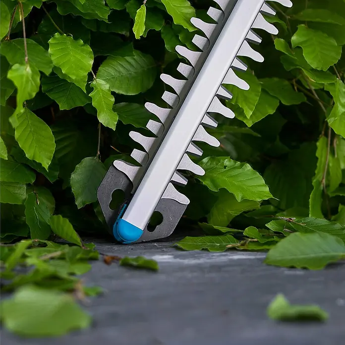 Gardena Power for All 18V Akku-Heckenschere EasyCut 55/18V - 18 V, Li-Ionen, Ohne Akku, Schnittlänge: 55 cm - Nahaufnahme einer Heckenschere beim Beschneiden einer grünen Hecke. Die scharfen Klingen sind bereit für präzise Gartenarbeit.