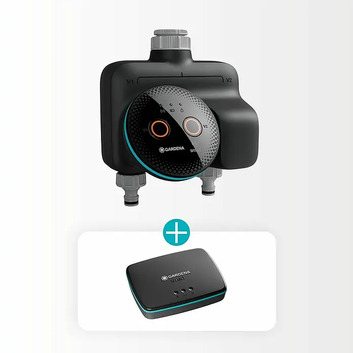 Gardena Smart system Bewässerungsautomat Dual Water Control Set - Betriebsdruck: 0,5 bar - 12 bar, Bewässerungsdauer: 1 min - 10 h - Intelligenter Bewässerungscomputer und Gateway für eine optimierte Gartenbewässerung, die sich leicht steuern und anpassen lässt.