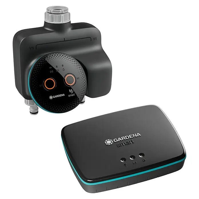 Gardena Smart system Bewässerungsautomat Dual Water Control Set - Betriebsdruck: 0,5 bar - 12 bar, Bewässerungsdauer: 1 min - 10 h - Gardena Smart Water Control Duo mit zwei Ausgängen und Gateway für eine effiziente Gartenbewässerung.