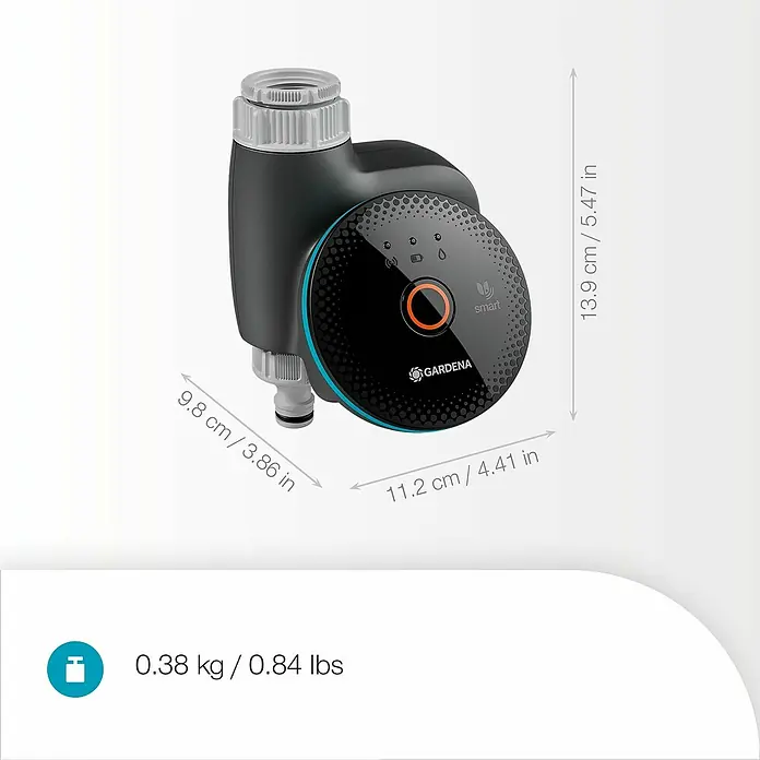 Gardena Smart system Bewässerungsautomat Water Control - Betriebsdruck: 0,5 bar - 12 bar, Bewässerungsdauer: 1 min - 10 h - Das Bild zeigt eine Gardena Smart Water Control, eine intelligente Bewässerungssteuerung mit ihren Abmessungen und dem Gewicht von 0,38 kg.
