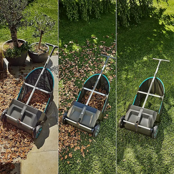 Gardena Laubsammler - Arbeitsbreite: 49 cm - Der Gardena Kehrboy Laub- und Grasfangwagen in Aktion, um Laub und Gartenabfälle effizient zu entfernen.