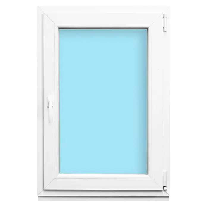 Ventana de PVC oscilobatiente - 70 x 100 cm, Derecha, Blanco - Primer plano de una ventana de PVC blanca con función oscilobatiente, que cuenta con vidrio azul claro. Diseño de ventana moderno y energéticamente eficiente.