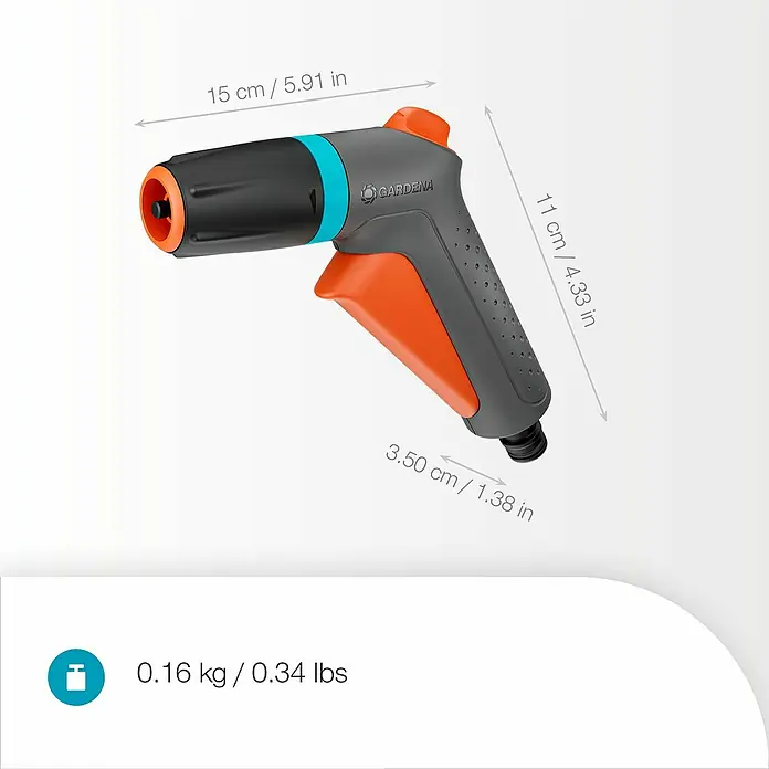Gardena Classic Reinigungsspritze - Anzahl Sprühformen: 2 Stk., Kunststoff, Blau/Grau/Orange - Nahaufnahme einer GARDENA-Gartenspritze mit Größenangaben und Gewichtsangabe im Bild.