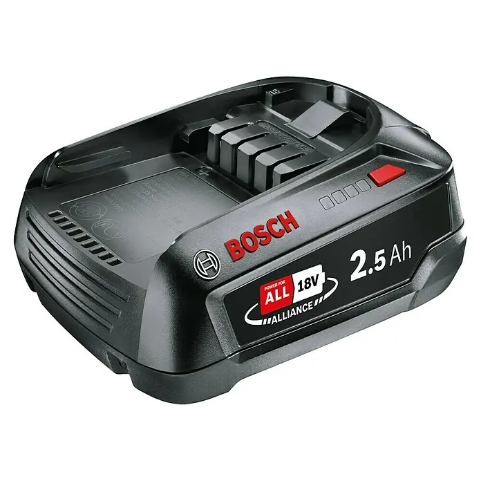 Bosch Power for All 18V Akku SoC P4A - 18 V, 2,5 Ah, Li-Ionen - Ein kompakter Bosch 18V 2.5 Ah Akku mit rotem Bosch-Logo, Teil der "Power for All Alliance", für vielseitige Anwendungen.