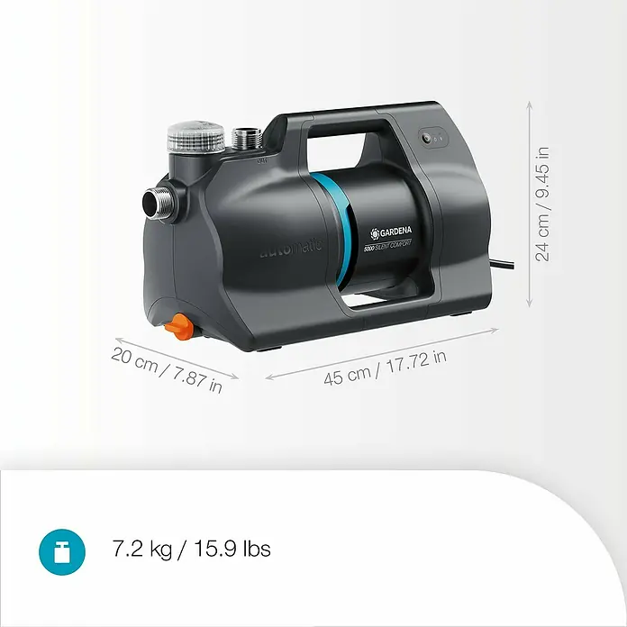 Gardena Hauswasserautomat 5000 Silent - Max. Fördermenge: 5.000 l/h, Max. Druck: 4,3 bar - Abbildung einer Gardena Hauswasserautomat 5000 SilentComfort mit Größenangaben. Das Gerät ist kompakt und benutzerfreundlich konzipiert.