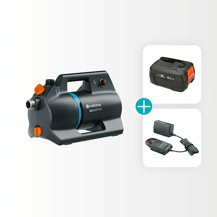 Gardena Power for All 18V Akku-Gartenpumpe 3000 Silent - 18 V, Li-Ionen, 1 Akku, Max. Fördermenge: 3.000 l/h - Abbildung einer Gardena 3000 Silent 18V Gartenpumpe mit Akku und Ladegerät. Kompakte und leise Pumpe für die Gartenbewässerung.