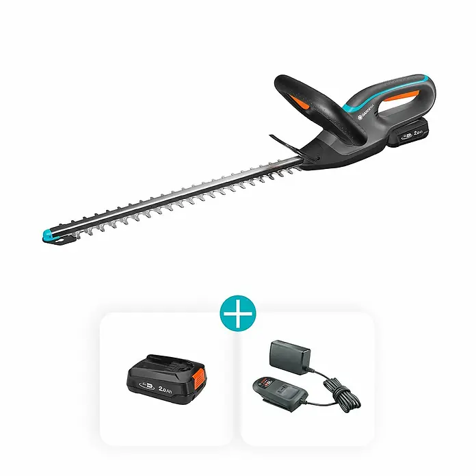 Gardena Power for All 18V Akku-Heckenschere EasyCut 45/18V - 18 V, Li-Ionen, 1 Akku, Schnittlänge: 45 cm - Bild einer Gardena Akku-Heckenschere mit Akku und Ladegerät. Das Set ist ideal für den flexiblen Einsatz im Garten ohne Kabel.
