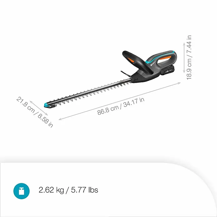 Gardena Power for All 18V Akku-Heckenschere EasyCut 45/18V - 18 V, Li-Ionen, 1 Akku, Schnittlänge: 45 cm - Das Bild zeigt eine Gardena Akku-Heckenschere mit ihren Abmessungen und Gewicht für den Produktvergleich.