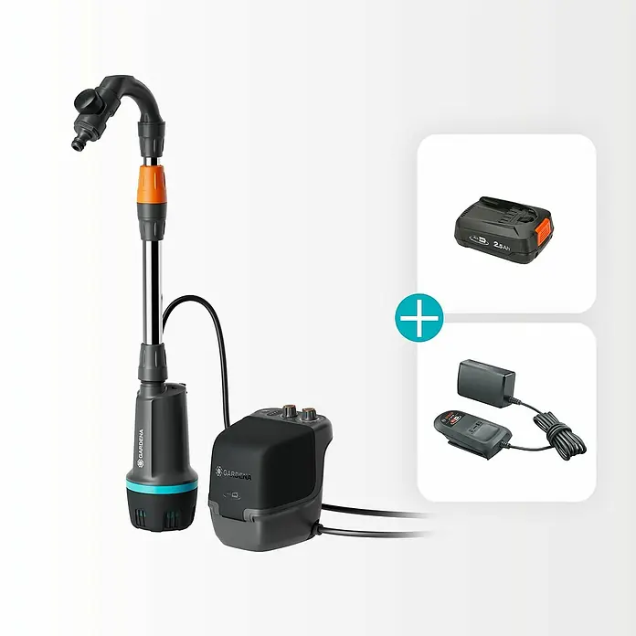 Gardena Power for All 18V Akku-Regenfasspumpe 2600 Comfort - 1 Akku, Max. Fördermenge: 2.600 l/h - Gardena Akku-Regenfasspumpe 4700/2 inox mit Akku und Ladegerät für eine effiziente Gartenbewässerung.