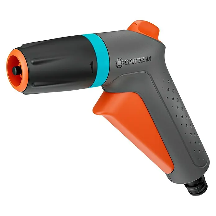 Gardena Classic Reinigungsspritze - Anzahl Sprühformen: 2 Stk., Kunststoff, Blau/Grau/Orange - Nahaufnahme einer GARDENA Impulsspritze, einem Gartenwerkzeug mit orangefarbenen Akzenten und ergonomischem Design für komfortable Gartenbewässerung.