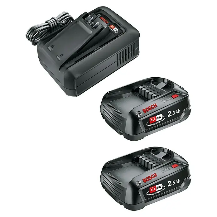 Bosch Power for All 18V Starter-Set QC AL 18V-44 + 2x2,5 AH - 2 Akkus, 18 V, 2,5 Ah - Abbildung eines Bosch Akku-Ladegeräts mit zwei 18V 2.5Ah Akkus.