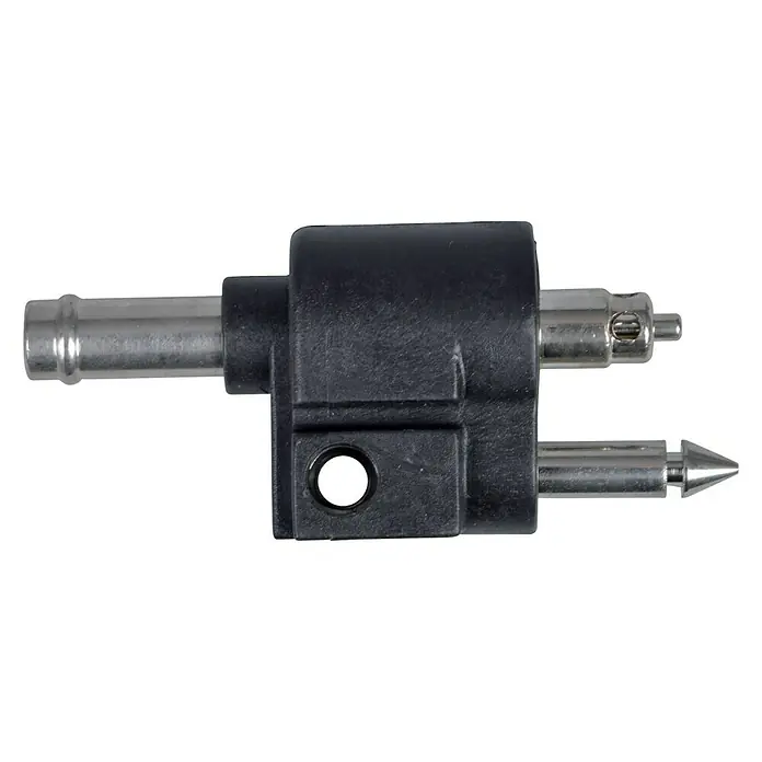 Talamex Adapter - 5/16″, Geeignet für: Motoren, Passend für: Yamaha Motoren - Produktabbildung eines schwarzen Kraftstoffanschlusses aus Kunststoff mit zwei Metallanschlüssen für Boote und Motoren.