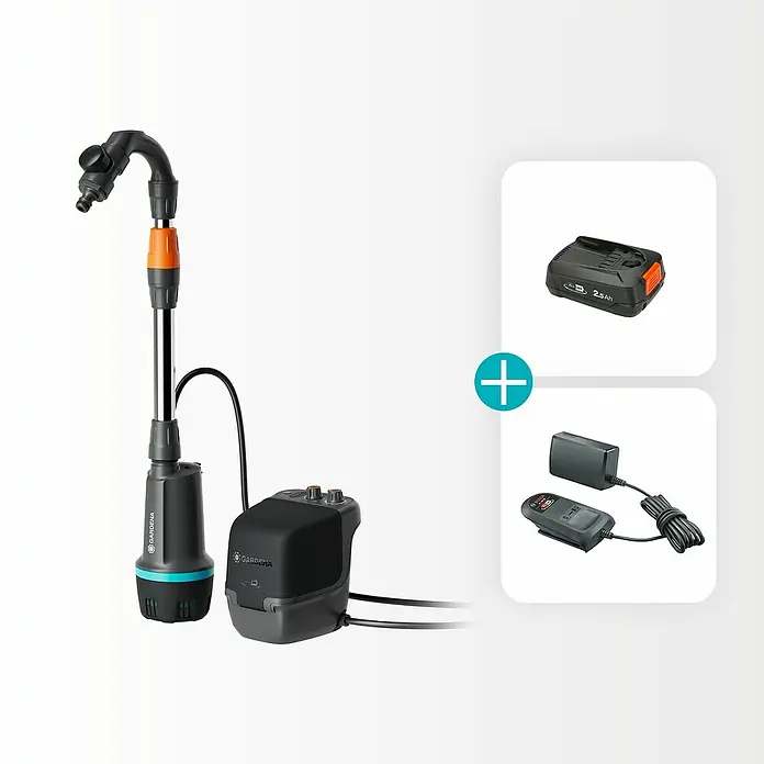 Gardena Power for All 18V Akku-Regenfasspumpe 2500 ComfortAutomatic - 1 Akku, Max. Fördermenge: 2.400 l/h - Abgebildet ist eine Gardena Akku-Regentonne-Pumpe 2000/2 Li-18 mit Akku und Ladegerät, ideal für die Gartenbewässerung.