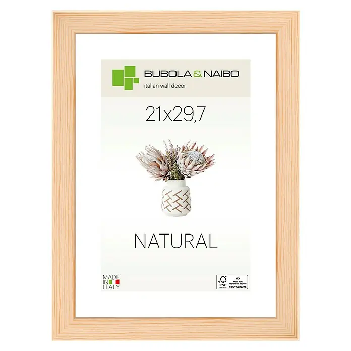 Holzrahmen 2701 - DIN A4 / 21 x 29,7 cm, Natur, Glas - Ein heller Holzrahmen mit dem Aufdruck "Bubola & Naibo Italian Wall Decor 21x29,7 Natural" und einem Blumenmotiv.