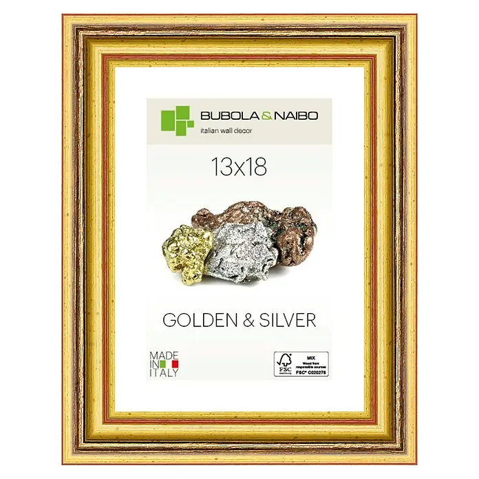 Bubola & Naibo Holzrahmen 2490 - 13 x 18 cm, Gold - Elegantes 13x18 Wanddekor mit goldenen und silbernen Akzenten, gefertigt in Italien, für stilvolle Wandgestaltung.