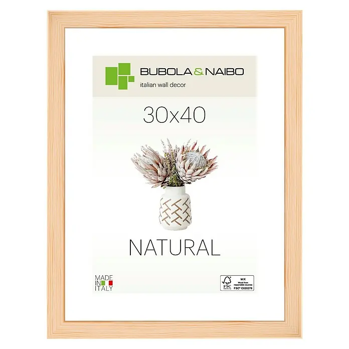 Holzrahmen 2701 - 30 x 40 cm, Natur, Glas - Ein schlichter 30x40 cm Bilderrahmen aus hellem Holz mit einem floralen Motiv für eine natürliche Wanddekoration.