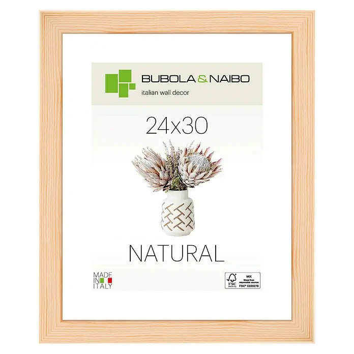 Holzrahmen 2701 - 24 x 30 cm, Natur, Glas - Holzrahmen mit dem Aufdruck "BUBOLA & NAIBO", Größe 24x30, im natürlichen Stil mit Blumen und der Aufschrift "MADE IN ITALY".