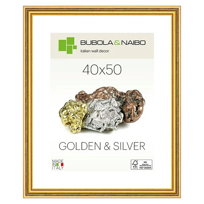 Bubola & Naibo Holzrahmen 2490 - 40 x 50 cm, Gold - Dekorativer Wandspiegel Bubola & Naibo mit goldenen und silbernen Akzenten, 40x50 cm, für eine elegante Wandgestaltung im italienischen Stil.