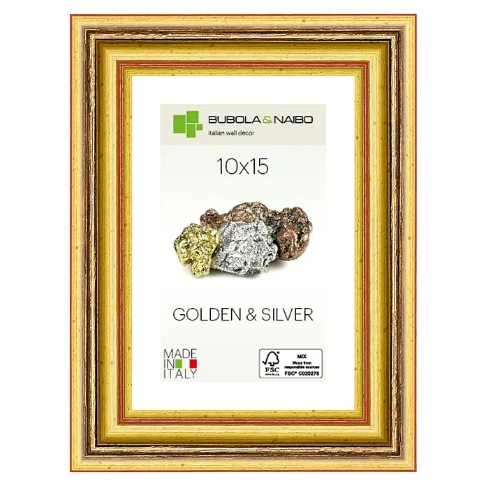 Bubola & Naibo Holzrahmen 2490 - 10 x 15 cm, Gold - Goldfarbener Bilderrahmen mit dem Aufdruck "Golden & Silver" und Informationen zu Herkunft und Nachhaltigkeit.