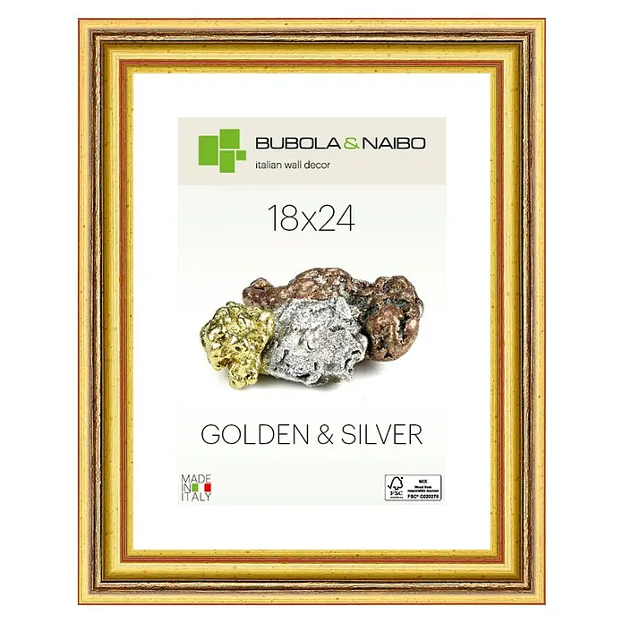 Bubola & Naibo Holzrahmen 2490 - 18 x 24 cm, Gold - Ein goldfarbener Bilderrahmen mit dem Aufdruck "Golden & Silver" und dem Logo von Bubola & Naibo.