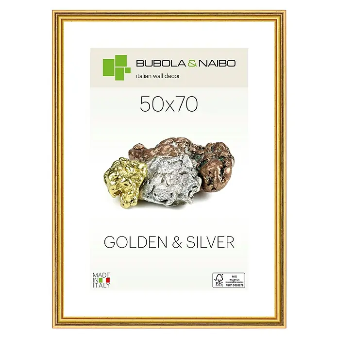 Bubola & Naibo Holzrahmen 2490 - 50 x 70 cm, Gold - Ein goldfarbener Bilderrahmen "Bubola & Naibo" im Format 50x70 mit den Aufschriften "Golden & Silver" und "Made in Italy".