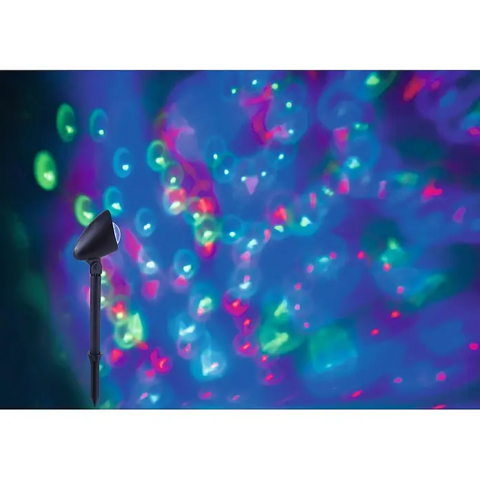 LED-Erdspießleuchte Disco - Höhe: 45 cm - Ein schwarzer LED-Gartenstrahler projiziert ein buntes Lichtmuster. Perfekt, um jedem Außenbereich festliche Stimmung zu verleihen.
