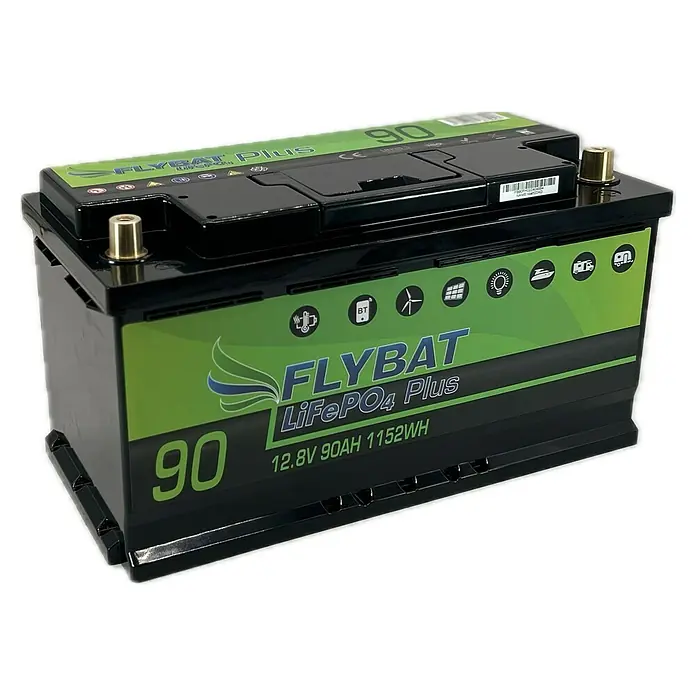 Traktionsbatterie FLYBAT LiFePO4 - 90 Ah, 12,8 V - Hier ist eine Flybat LiFePO4 Plus Batterie, ideal für Anwendungen von Solar bis Wohnmobil. Sie liefert 12.8V und 90Ah mit 1152Wh Leistung.