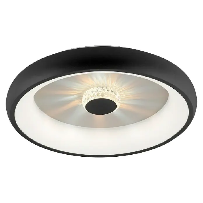 Just Light Plafón LED redondo Vértigo - 33 W, Ø x Al: 46,5 x 9,5 cm, Negro, Multicolor - Lámpara de techo moderna con carcasa negra, reflector plateado y elemento de cristal decorativo para una iluminación elegante en la habitación.