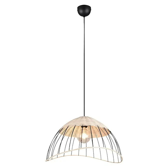 Trio Lighting Lámpara colgante redonda Sandrine - 28 W, Ø x Al: 48 x 150 cm, Negro, E27 - Una lámpara colgante con marco negro y pantalla de ratán claro que difunde una luz cálida y acogedora.