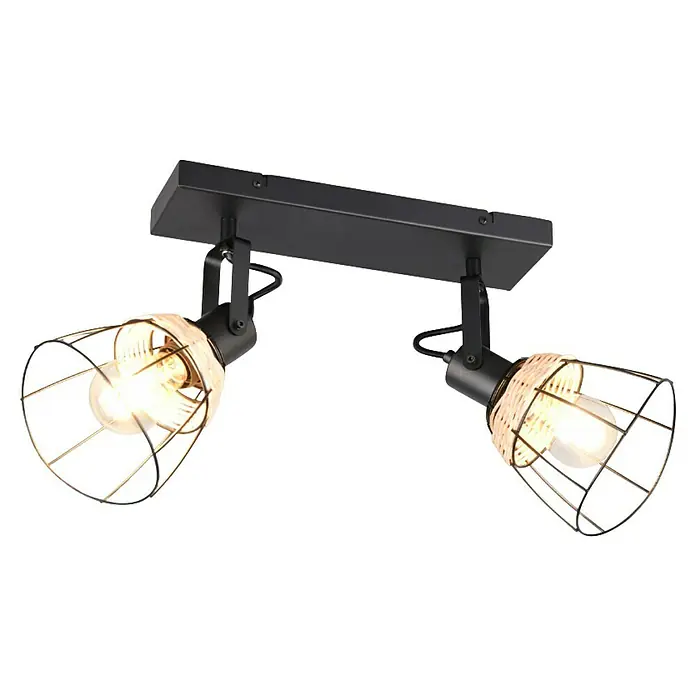 Trio Lighting Regleta Jerome - 20 W, L x An x Al: 20,7 x 36 x 27,5 cm, Negro, E27 - Esta lámpara de techo negra con dos focos y pantallas decorativas proporciona una iluminación elegante.