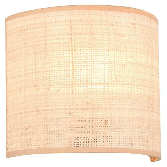 Trio Lighting Aplique de pared Aimee - 10 W, L x An x Al: 12 x 23 x 20,5 cm, Beige, E27 - Primer plano de una pantalla de lámpara tejida natural, que irradia una luz cálida y crea un ambiente acogedor.