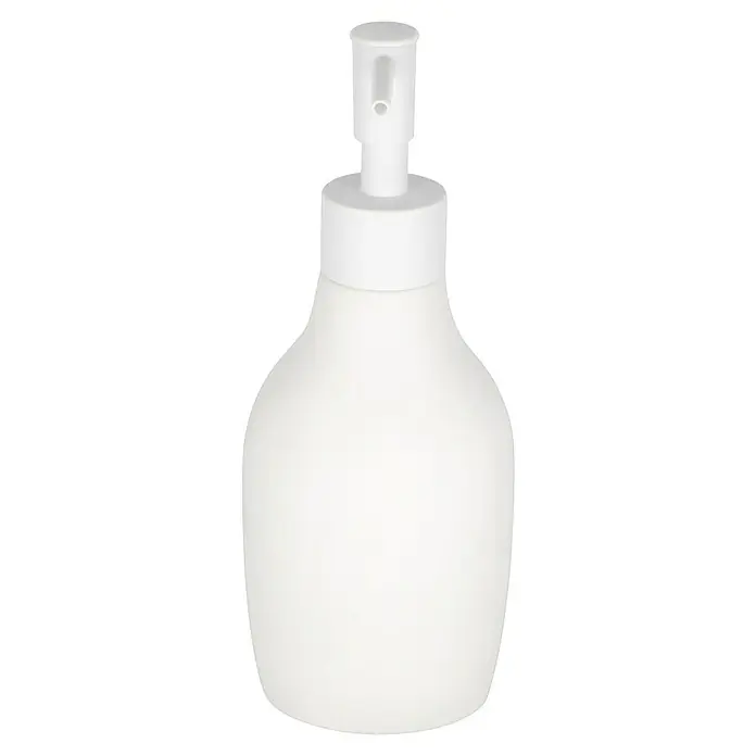 Venus Flakoni Seifenspender - Polyresin, Weiß - Ein weißer Seifenspender mit Pumpkopf auf einem schwarzen Hintergrund, ideal für Badezimmer oder Küche.