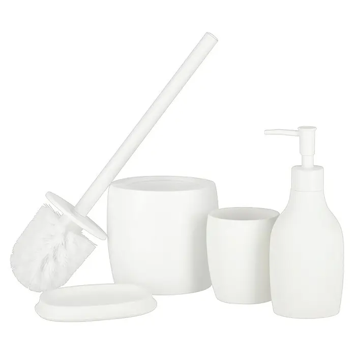 Venus Flakoni WC-Bürstengarnitur - Polyresin, Weiß - Weißes Badezimmerset mit Seifenspender, Becher, Toilettenbürste und Seifenablage für ein sauberes und stilvolles Ambiente.