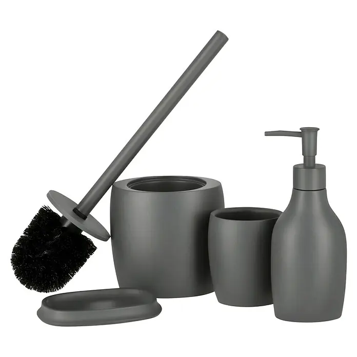 Venus Flakoni Seifenspender - Polyresin, Grau - Graues Badezimmer-Set mit Seifenspender, Zahnbürstenhalter, Seifenablage und Toilettenbürste mit Halter. Praktisches und stilvolles Accessoire.