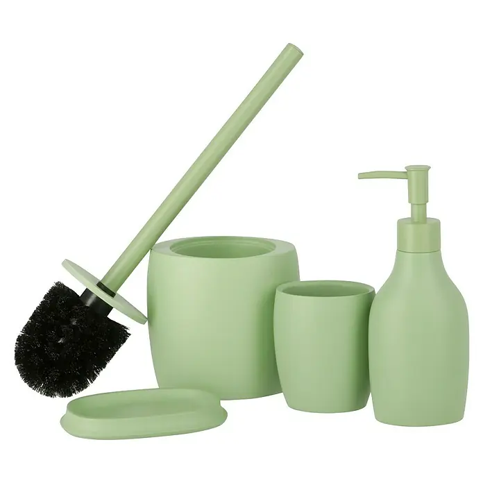 Venus Flakoni WC-Bürstengarnitur - Polyresin, Sage - Dieses Bild zeigt ein hellgrünes Badezimmer-Set mit Seifenspender, Zahnputzbecher, Seifenschale und Toilettenbürste. Stilvolles Design.