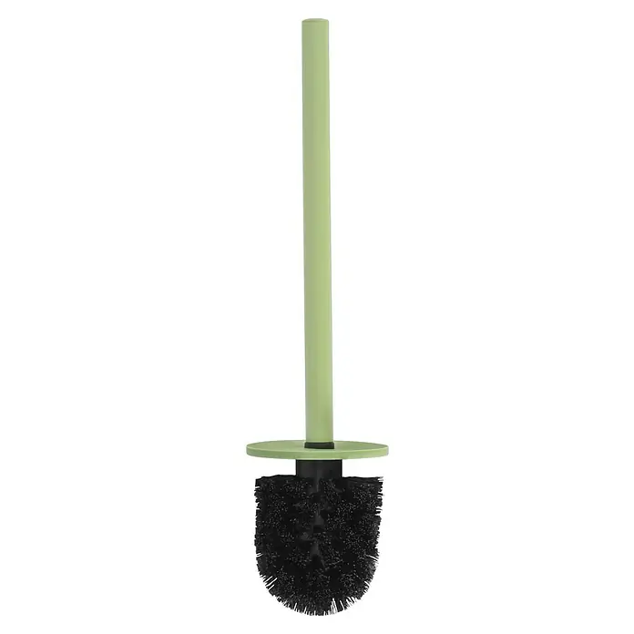 Venus Flakoni WC-Bürstengarnitur - Polyresin, Sage - Eine Nahaufnahme einer Toilettenbürste mit grünem Griff und schwarzen Borsten vor einem dunklen Hintergrund.