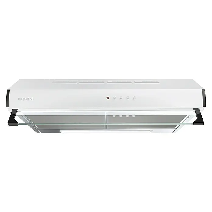 Mepamsa Campana integrable Modena - Ancho: 60 cm, 380 m³/h, Blanco - Primer plano de una campana extractora Mepamsa blanca con pantalla de cristal y mandos de control.