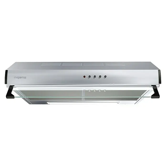 Mepamsa Campana integrable Modena - Ancho: 60 cm, 380 m³/h, Acero Inoxidable - Primer plano de una campana extractora plateada Mepamsa con botones de control y estante de vidrio.