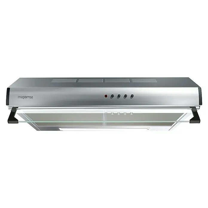 Mepamsa Campana integrable Modena - Ancho: 70 cm, 380 m³/h, Acero Inoxidable - Primer plano de una campana extractora Mepamsa, que muestra un diseño moderno con un acabado plateado y un estante de vidrio transparente.