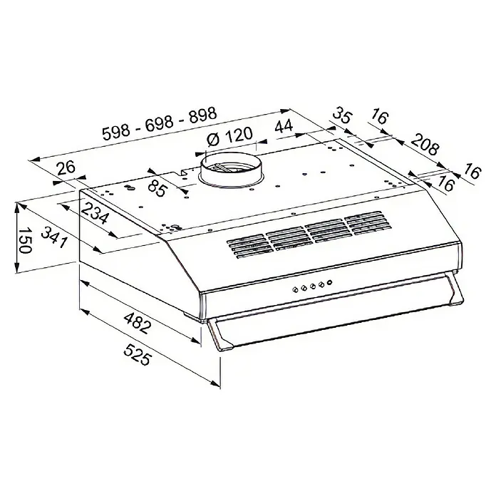 Mepamsa Campana integrable Modena - Ancho: 90 cm, 380 m³/h, Acero Inoxidable - Diagrama dimensional de una campana extractora que muestra el tamaño y las especificaciones detalladas del producto.