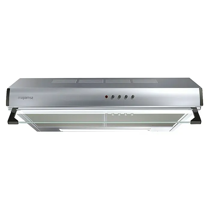 Mepamsa Campana integrable Modena - Ancho: 90 cm, 380 m³/h, Acero Inoxidable - Campana extractora plateada de la marca Mepamsa. Tiene una pantalla de vidrio y mandos en la parte frontal.