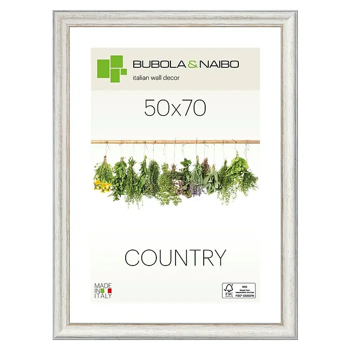 Holzrahmen Fabriano 5015 - 50 x 70 cm, Altweiß, Glas - Ein gerahmtes Wanddekor "Country" von Bubola & Naibo (50x70 cm) mit Kräutern, die an einer Stange hängen. Elegantes Design für Ihr Zuhause.