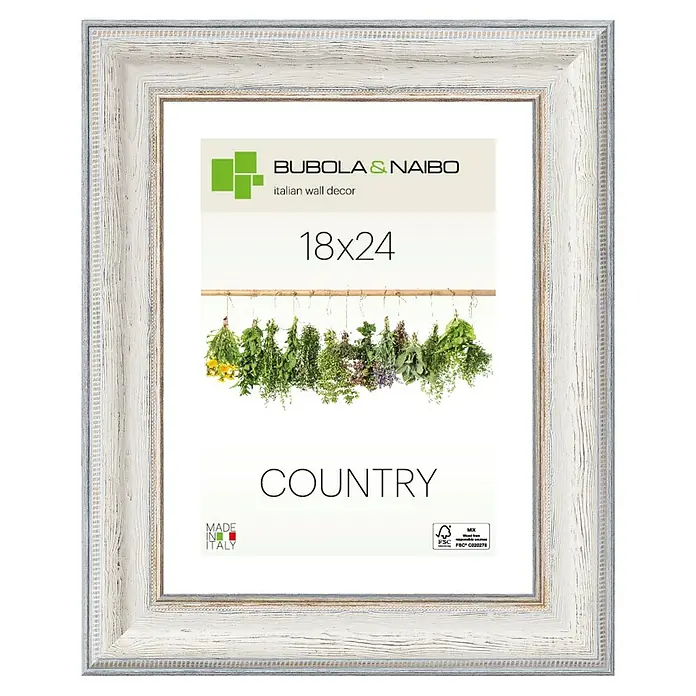 Holzrahmen Fabriano 5015 - 18 x 24 cm, Altweiß, Glas - Ein rustikaler weißer Holzrahmen mit dem Aufdruck "18x24 Country", ideal für die Wanddekoration.