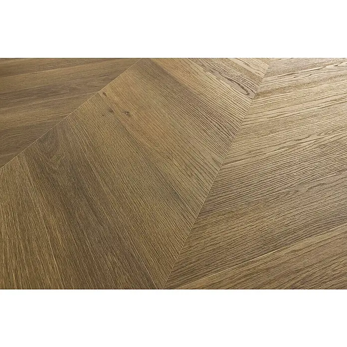 Vinylboden SPC Chevron - Frisco Eiche, 120 x 600 x 4,5 mm - Helle Eichenparkettböden im Fischgrätmuster. Das Parkett sorgt für eine warme und natürliche Atmosphäre im Raum.